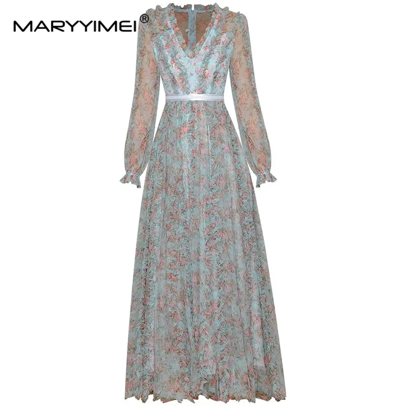 

Осеннее женское платье MARYYIMEI с V-образным вырезом, рукавами-фонариками, деревянными ушками, цветочным принтом, элегантное женское платье