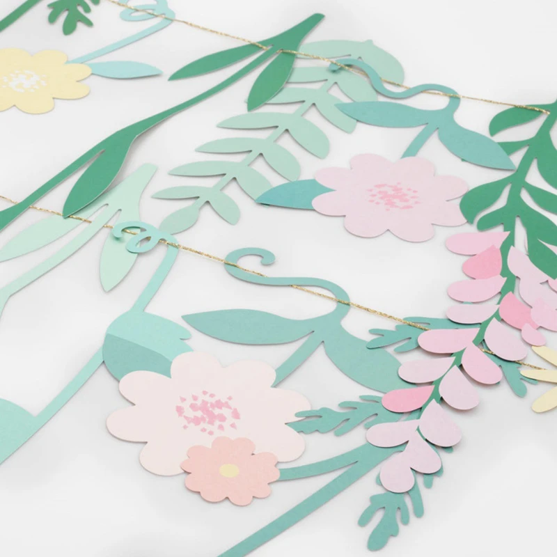 Leaves Flowers Garland Paper Banner Spring Happy Birthday Party Decoration Supplies Kids Girls Favors Home Wall DIY Hanging Flag