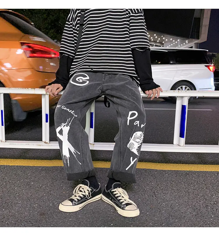 light blue jeans men Spring and Summer HipHop Straight Jeans Men's Graffiti Casual Trousers Trendy Loose Wide Leg Pants Male Student Ins All-Matching flannel lined jeans