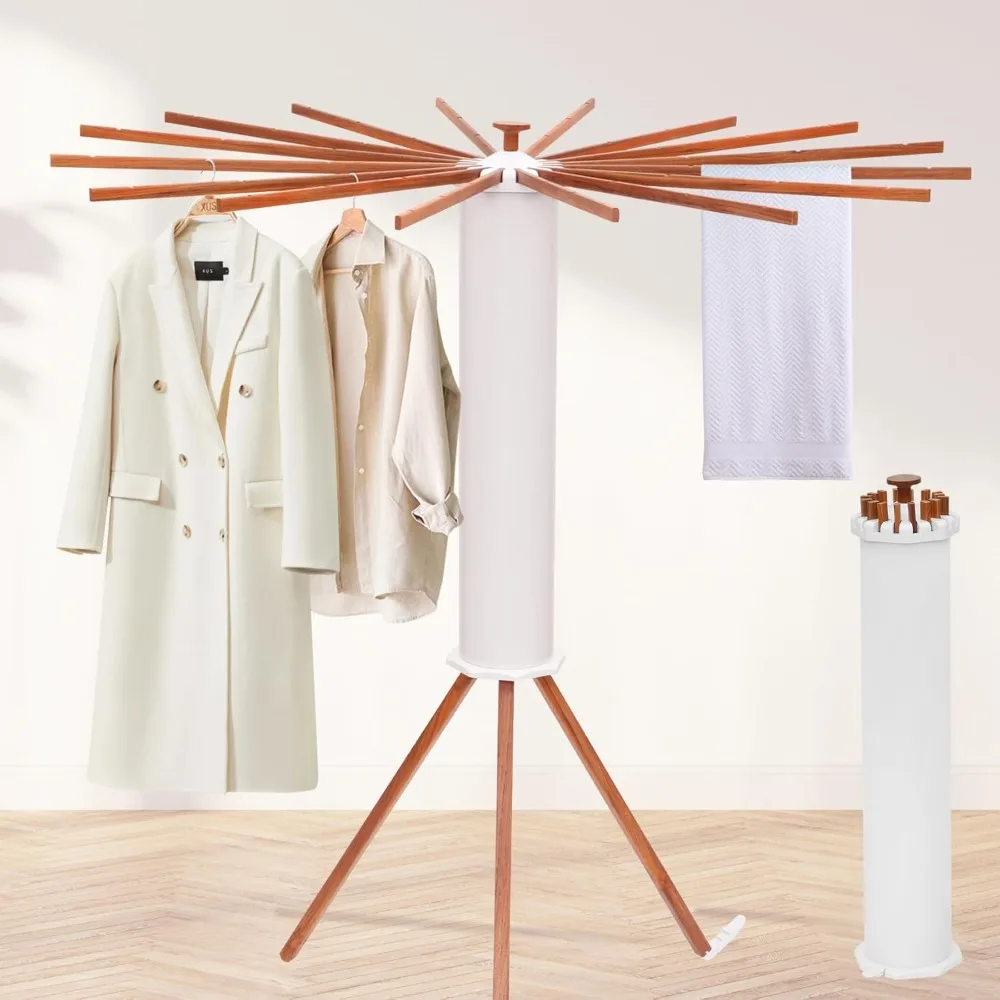 Portable Teak Tripod Clothes Drying Rack, Foldable Space & Saving Design, Versatile Laundry with 16 Waterproof Wood Rods 1