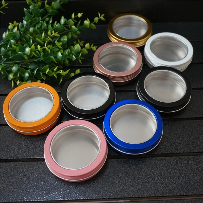 

Empty Round 100g ML Aluminum Tin Cans Bottle with Window Lids Pink Skylight Aluminum Box Black Gold Cream Box Tea Aluminum Jar