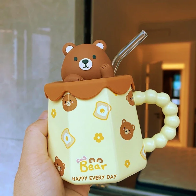 Cute Cartoon Rabbit Iced Mug With Straw Cups Creative Ceramic Coffee Mug  With Silicone Lid Children Student Breakfast Water Cup - Mugs - AliExpress