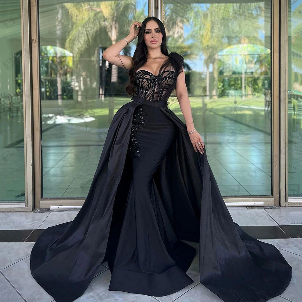 

Gorgeous Black Women's Prom Dresses Elegant Princess Evening Gowns Detachable Hem Fashionable Celebrity Formal Party Vestidos De