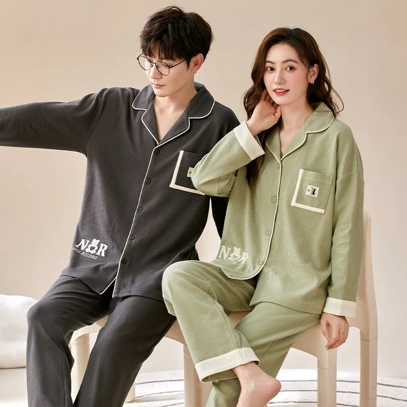 

Waffle Couple Pajamas Lapel Cardigans Long Sleeve Simple Casual Ladies Plus size Men's Spring Loungewear Free Ship pyjama homme