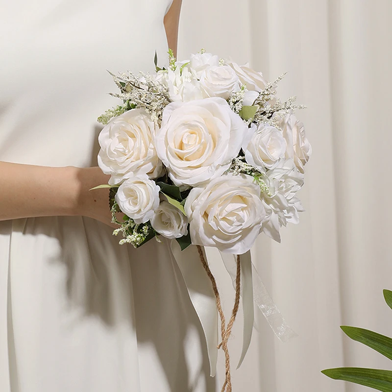 1PC Wedding Bouquets for Bride Bridesmaid Artificial Roses Flowers Party Decoration Rural Wedding Tossing Bouquet Ceremony Prop