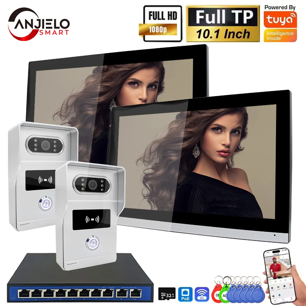 ANJIELO 1080P Tuya 10-Inch IP Video Intercom System Touch Screen Wifi POE Wired Doorbell for Villa Flat RFID Access Control