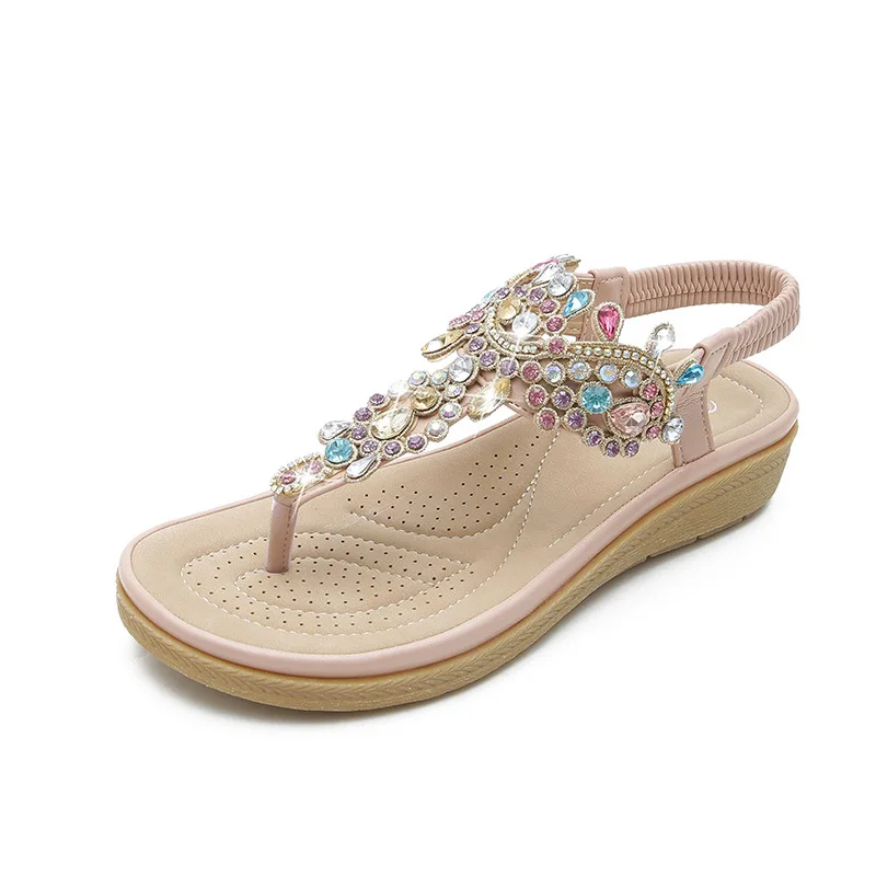 

Summer Women Bohemian Style Rhinestone Flower Sandals Platform Low Heel Ladies Crystal Luxury Shoes Flats Luxury Sandals