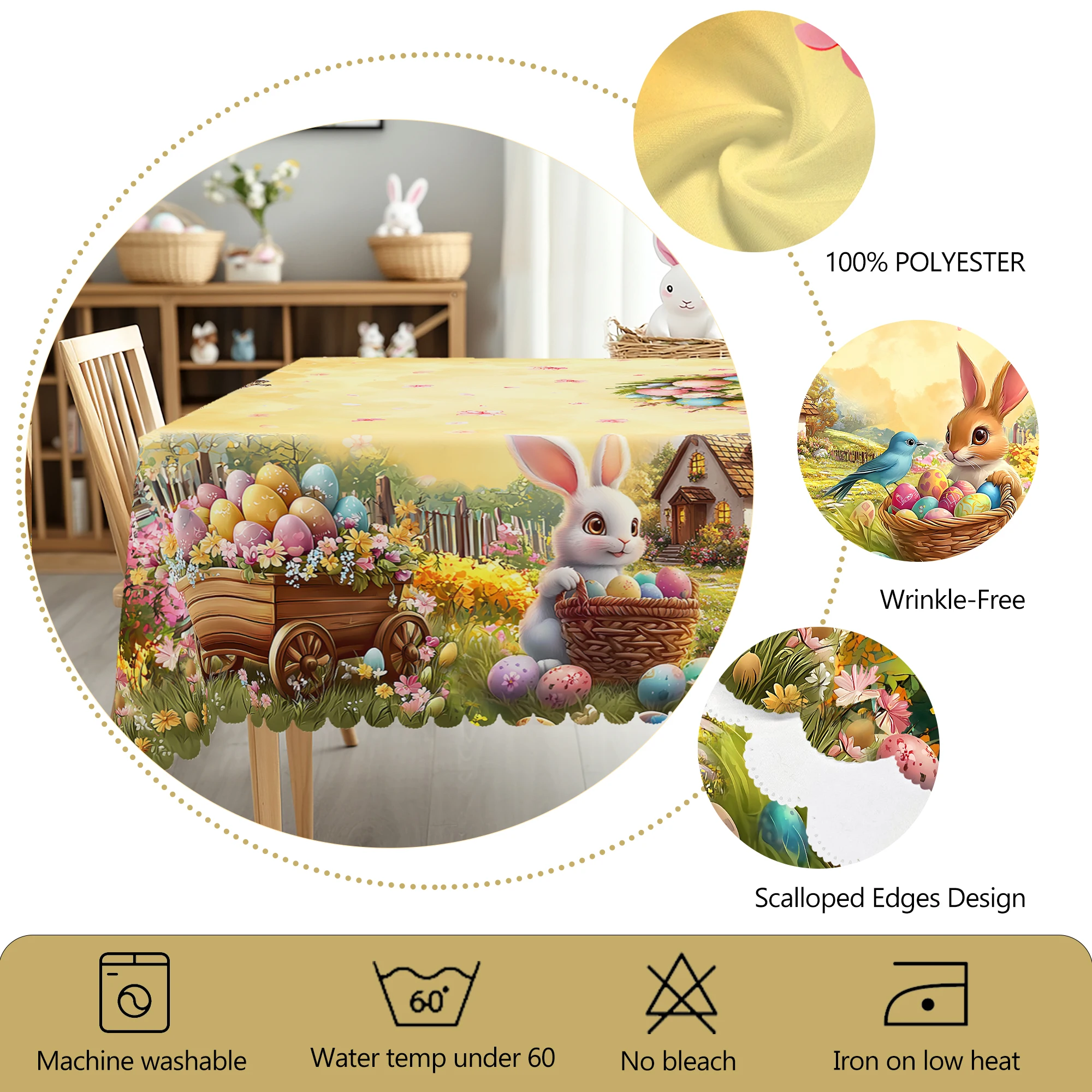 1 Easter Round Tablecloth, 5 Sizes Available, Spring Cute Rabbit Easter Egg Grass Map Pattern Printed Tablecloth, Edge Embossing Process, Spring Garden Tablecloth Decoration, Tablecloth for Daily Home Kitchen, Terrace, Easter Decoration, Spring Decoration 6