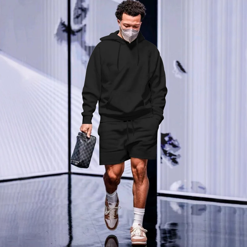 Casual Solid Wool Lined Suit Men's Seasonal Sportswear Fashion Long Sleeve Hoodie and Shorts Two Piece Suit Men's Set