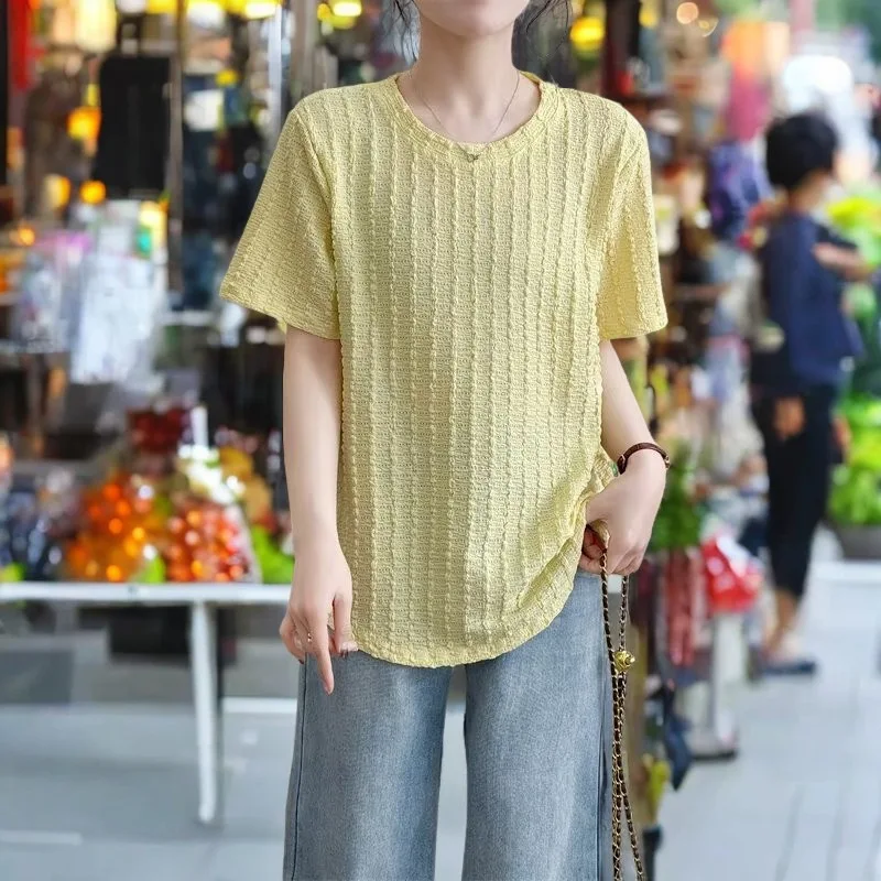 Summer New Top 100kg Texture Round Neck Short Sleeve Tees Plus Size Women's T-shirt 8020