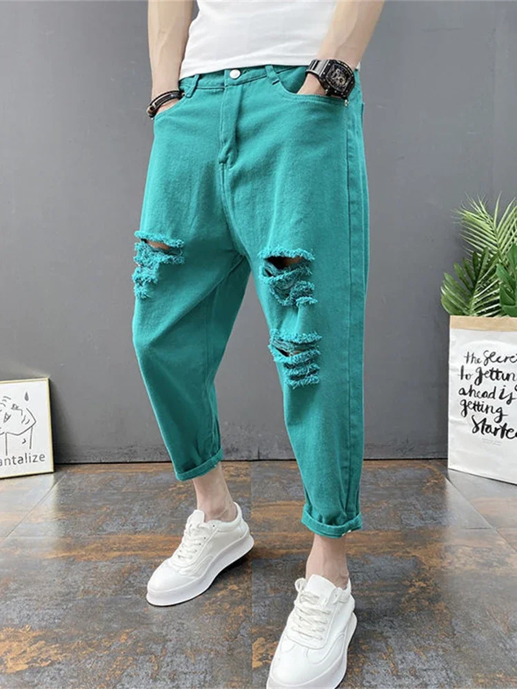 Japanese Trend New Men's Ripped Hole Jeans Solid Color Ankle Length Youth Fashion Loose Denim Harem Cargo Pants D96
