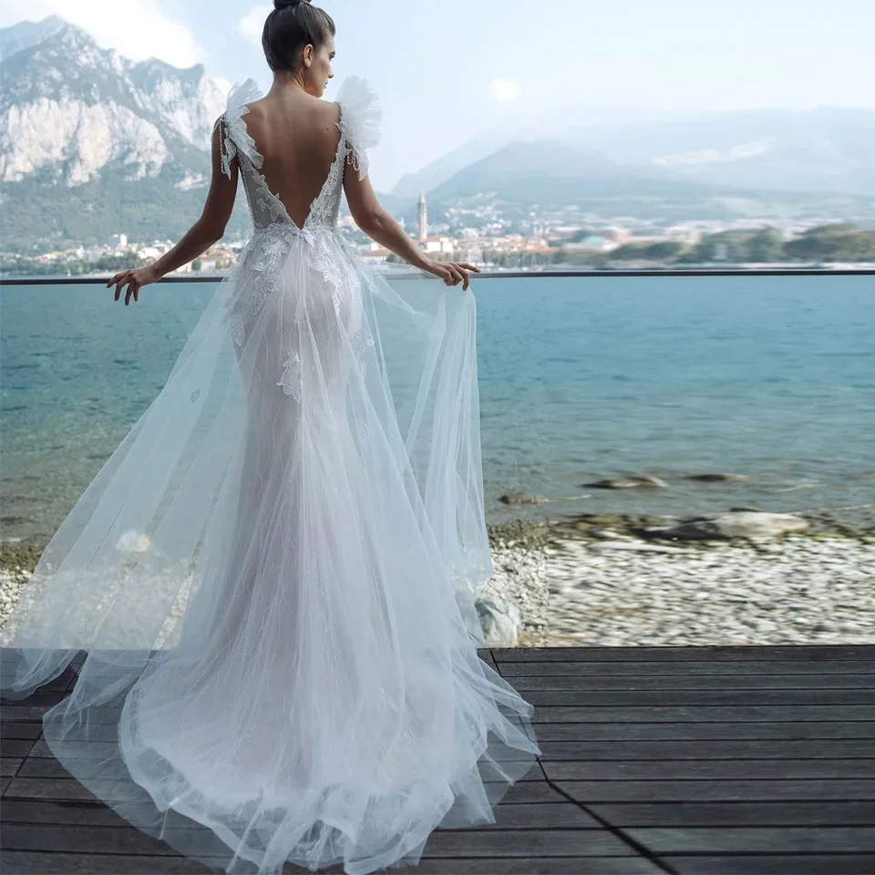 long sleeve bridal gowns Tulle V-Neck Mermaid Wedding Dresses 2022 Ruffles Sleeveless Lace Appliques Beach Bridal Gown Sweep Train Open Back Custom Made vintage wedding dresses