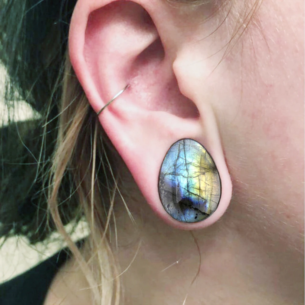 Body Piercing Jewelry Organic Labradorite Stone Ear Plugs Tunnels Flesh Double Flare Earlet Gauges Expander Round Teardrop Piercing Oreja