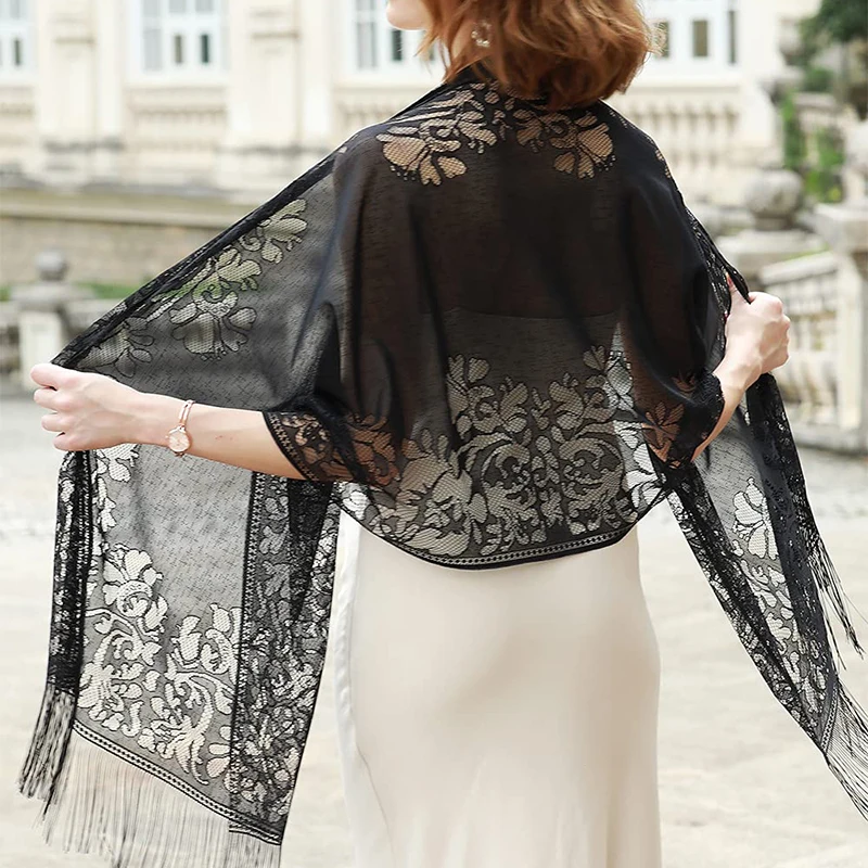 Elegant Lace Scarf for Women Tassel Trimmed Summer Sunscreen Shawl  Lightweight Party Wedding Poncho Boho Chic Beach Cover Up