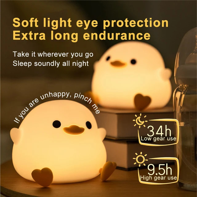 Luz LED nocturna para niños, lámpara de silicona con dibujos de animales, pato lindo, Sensor táctil, temporizador, recargable por USB, regalos de cumpleaños - Image 3
