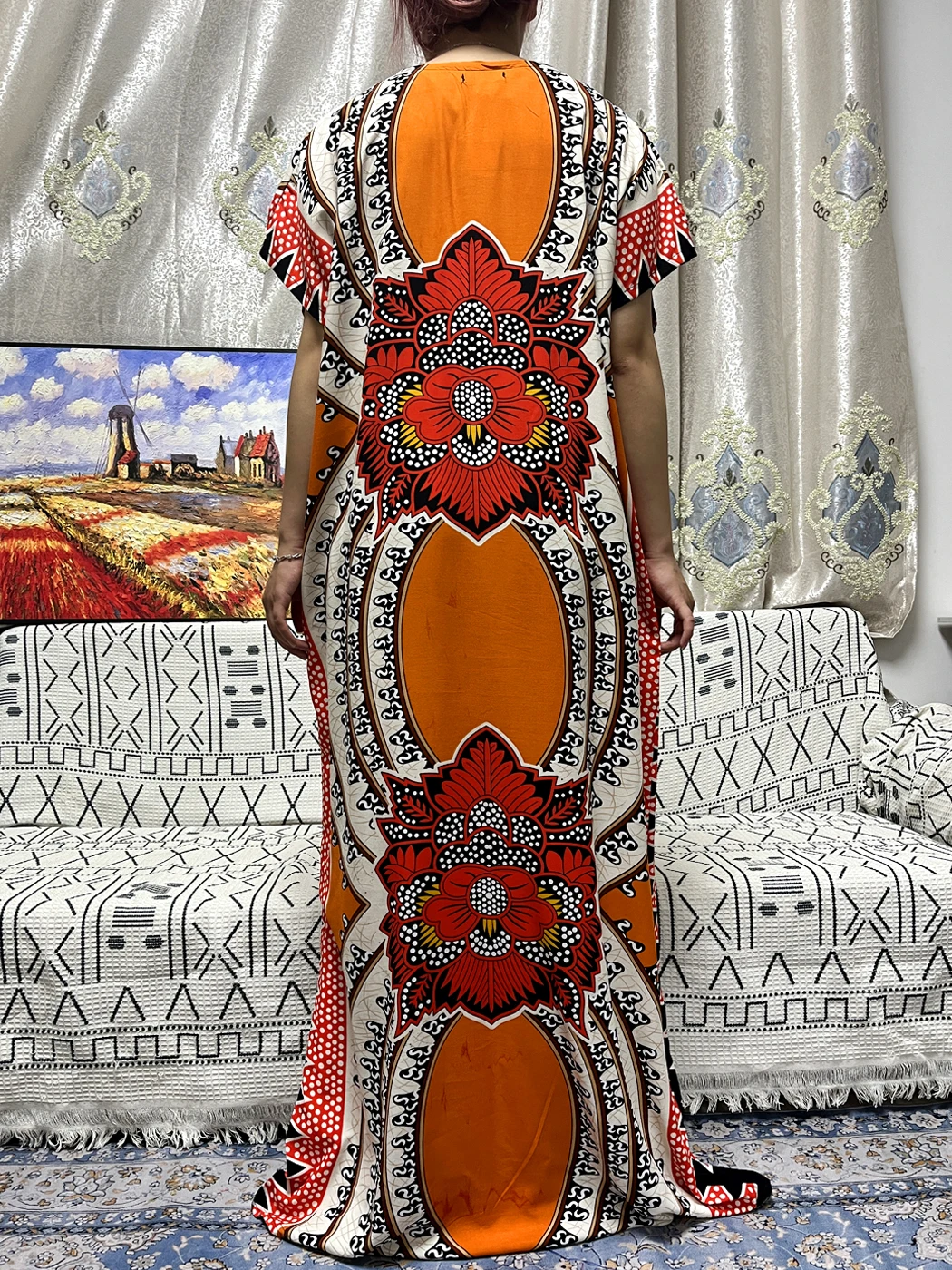 Muslim New Abayas For Women 2023 Traditional Appliques Printed Cotton Short Sleeves Islam Loose Fit Femme Robe With Belt Turban