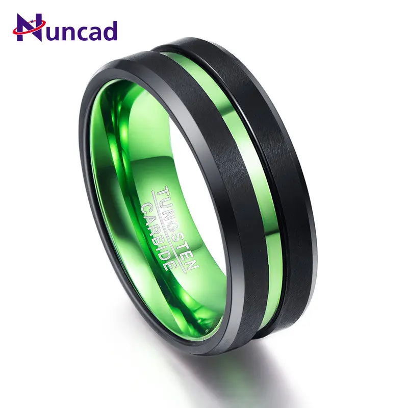 

NUNCAD Men's Black Matte Finish Tungsten Carbide Ring Green Center Groove Polished Beveled Edges Comfort Fit Size 6-16 hot sell