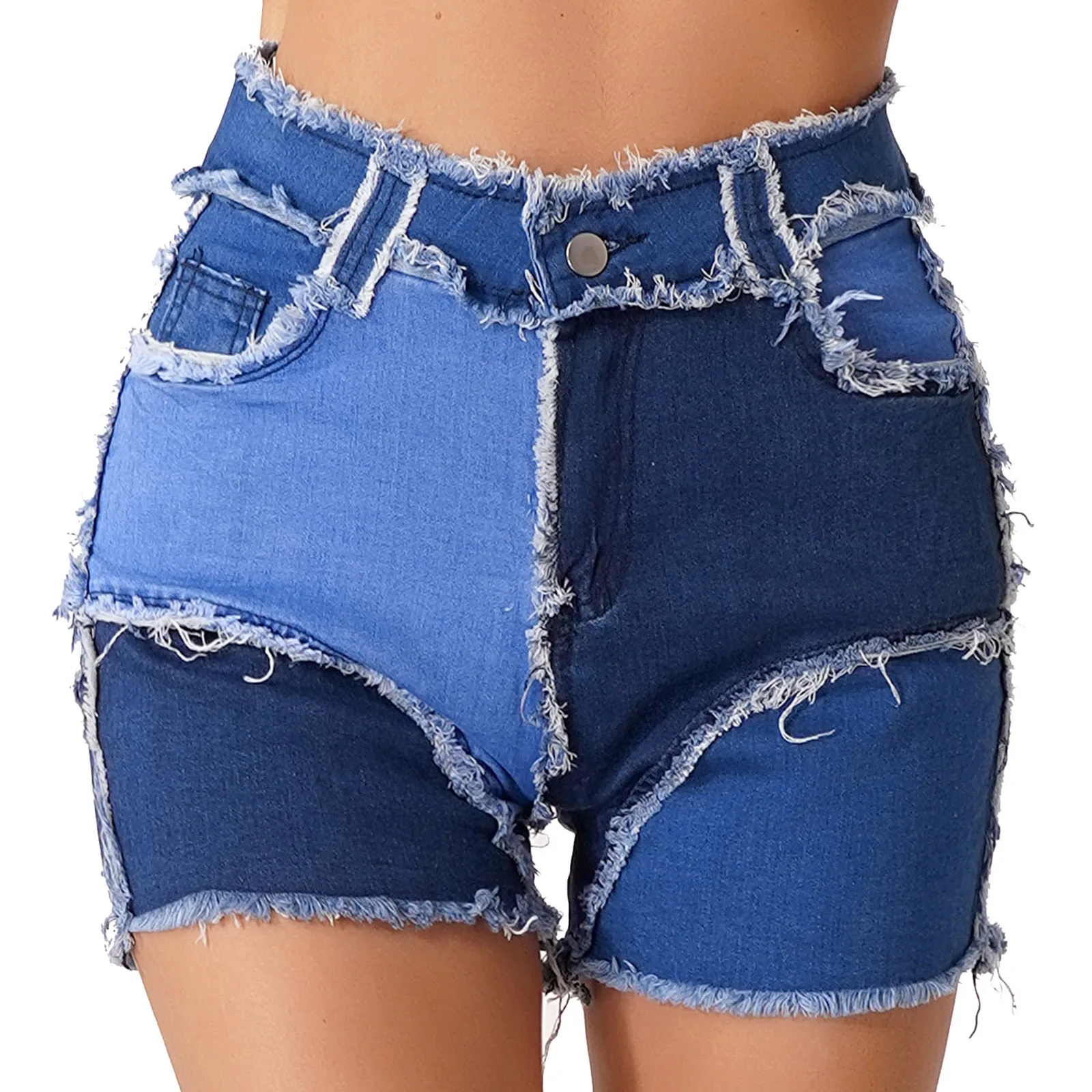 

Womens High Waist Hot Pants Denim Shorts Fashion Color Block Patchwork Frayed Hem Short Jeans for Club Music Festival