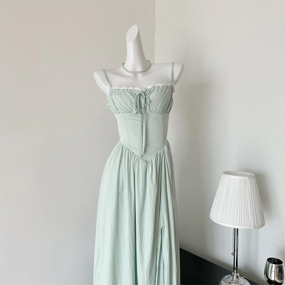 Summer New Spaghetti Strap Backless Midi Dresses for Women Lace-up Sleeveless Beach Style Korean Fashion One Piece Vestido Mujer