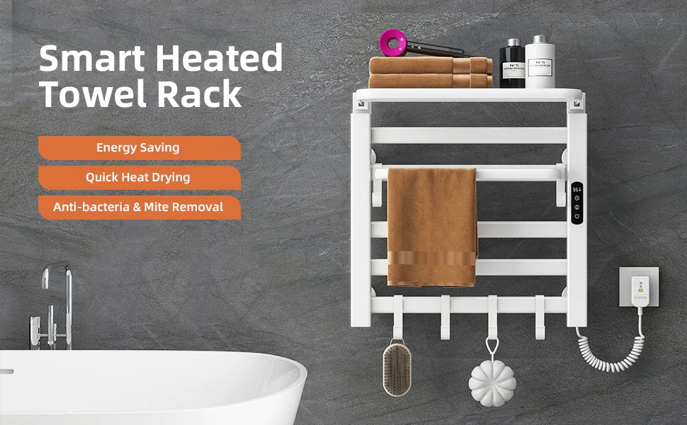 Description Picture 3 of itemSIOYIE Towel Warmer Bathroom Wall Mounted Heated Towel Rack with storage rack,  Electric Towel Drying with Timer R630