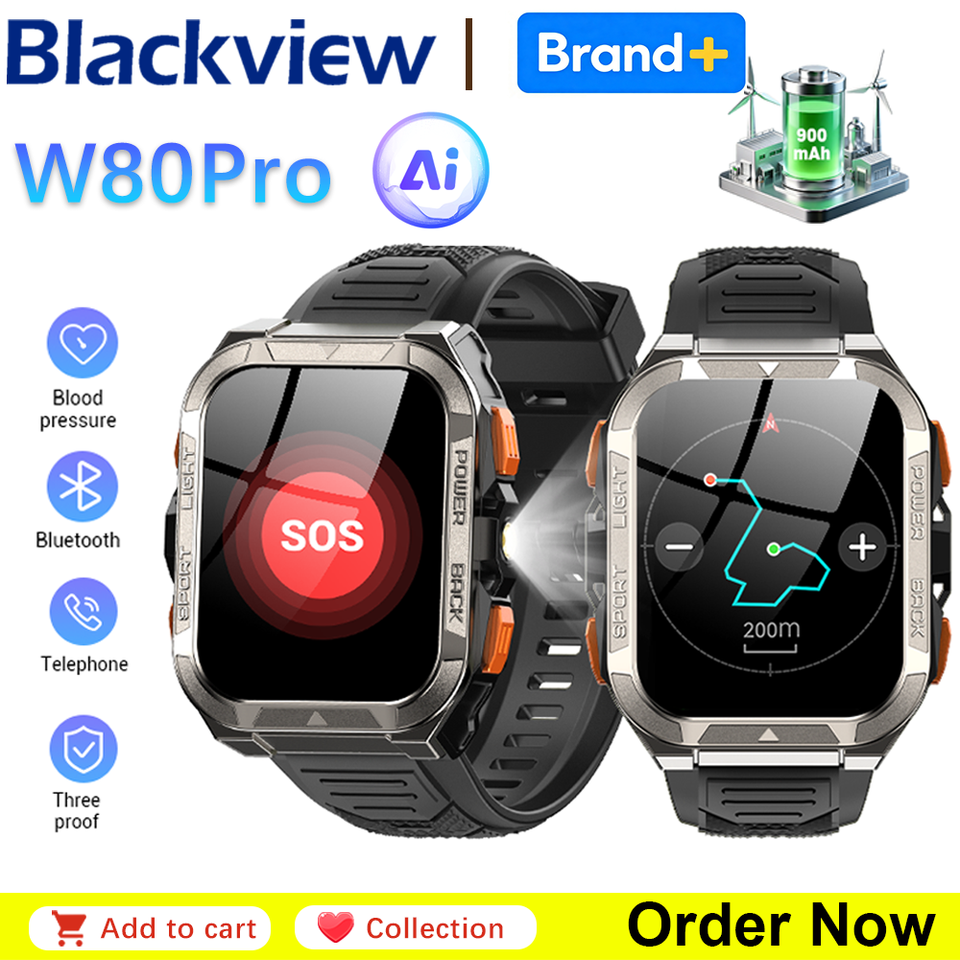  Blackview W80 Pro Men Smart Watch GPS Positioning 1.91'' Display 900mAh Battery Flashlight Compass Outdoor Rugged Smart Watches 