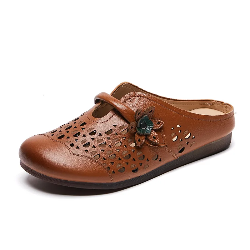 

2024 Real Leather mules shoes woman orthopedic backless sandal ladies floral cutout flats shoes woman flat heel slip on sandals