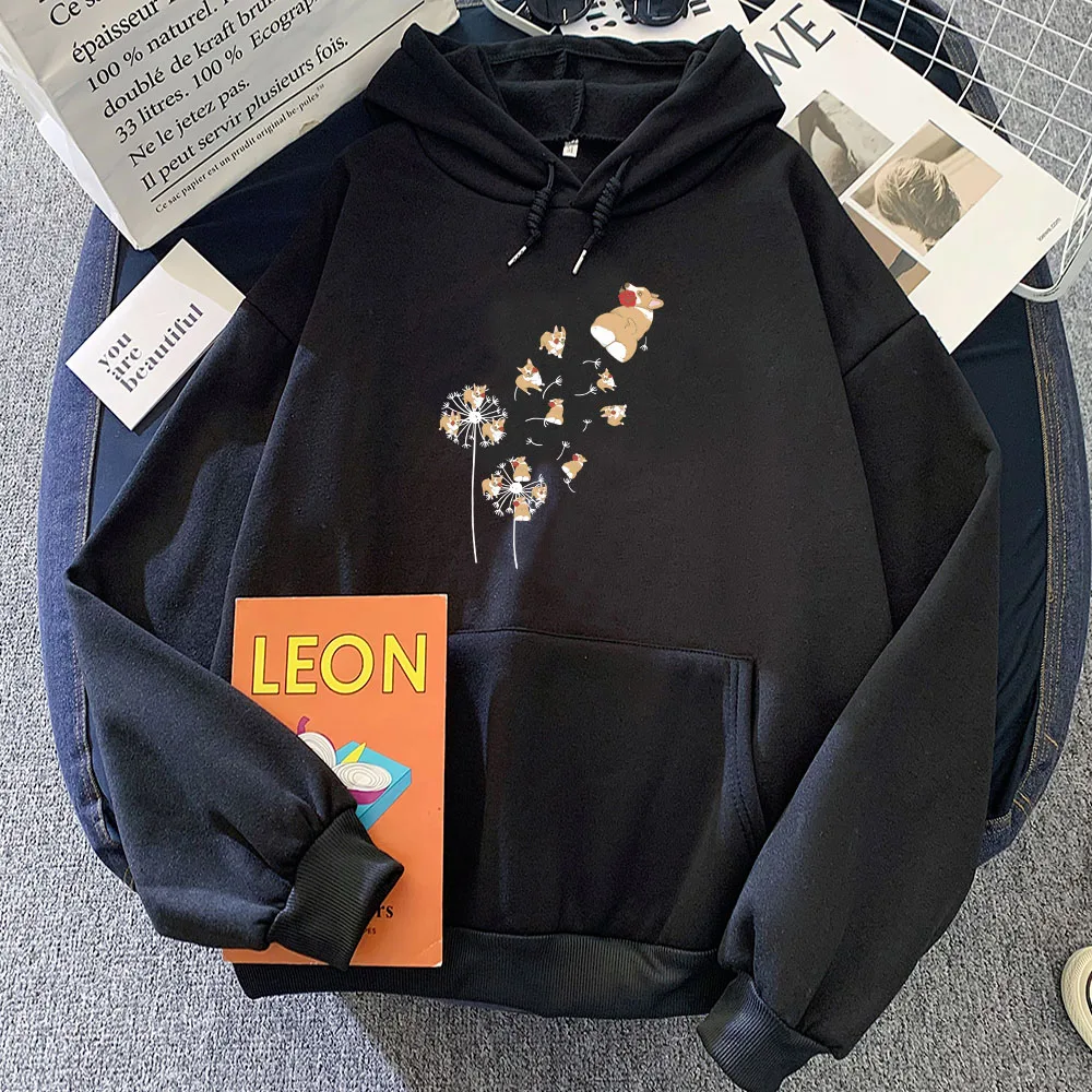 Cute Corgi Flower Hoodies Long Sleeve Women/Men Cartoon Sweatshirts Sudaderas Winter Clothes Female Hooded Pullovers Kawaii Tops