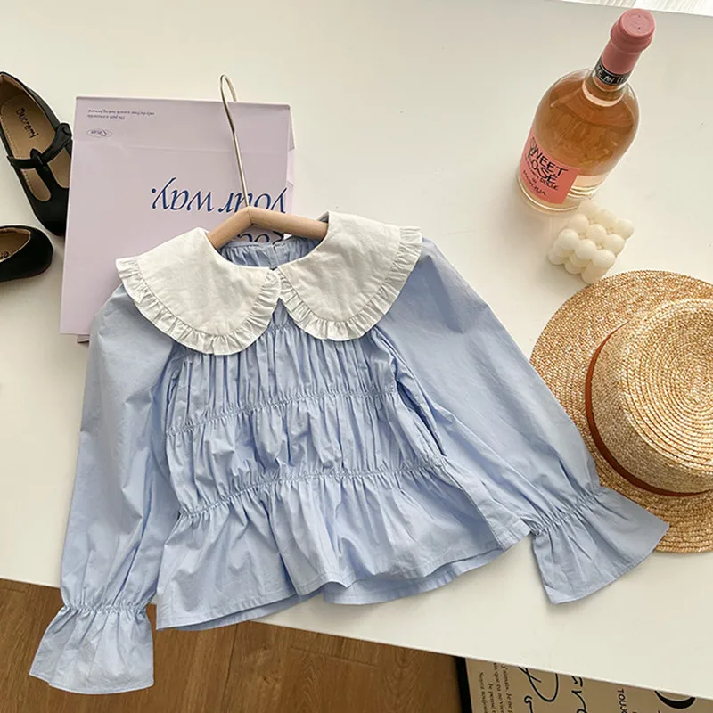 

deer jonmi 2023 Spring Baby Girls Princess Blouses Ruched Flare Sleeve Korean Style Solid Color Shirts Children Cute Tops