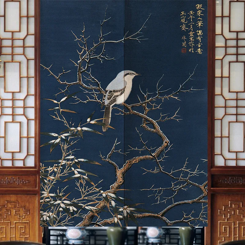 New Chinese Zen Door Curtain Retro Flower-and-bird Decorative Curtain Kitchen Partition Curtain Toilet Feng Shui Curtain 2