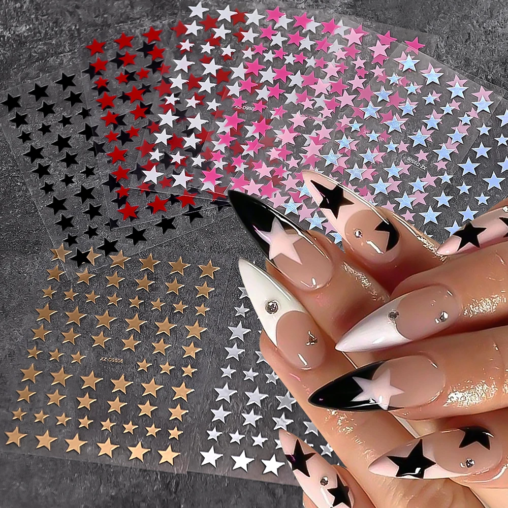 8PCS Metallic Pink and Gold Star Nail Art Stickers - High Gloss Pentagram Design for Trendy Manicure Decoration