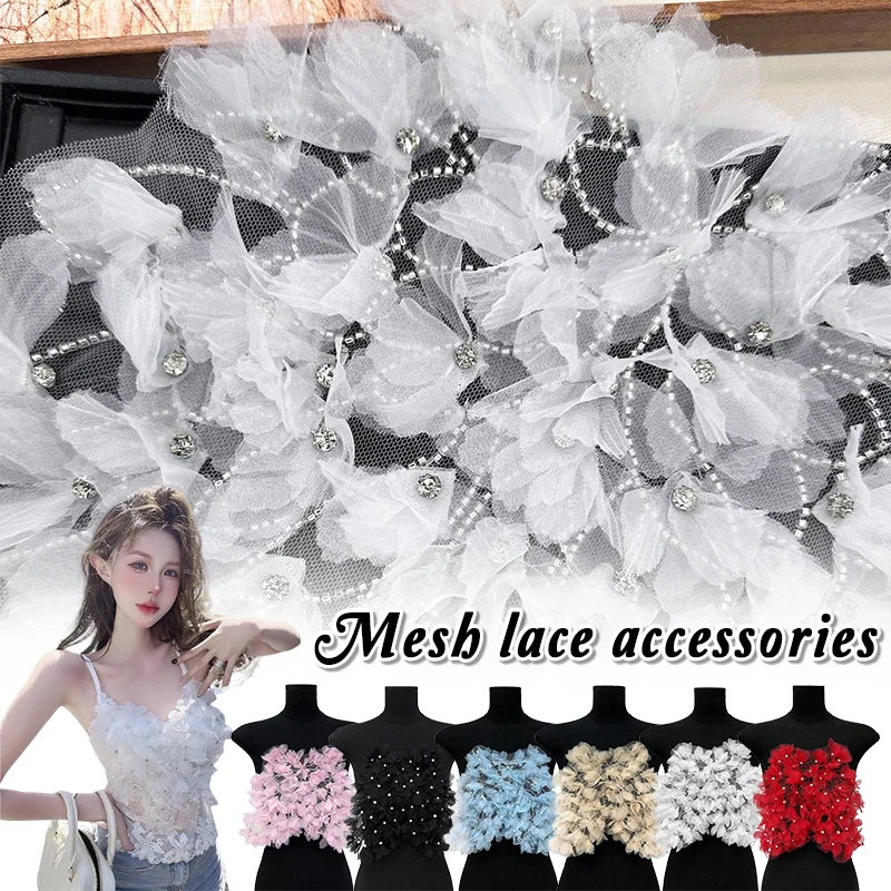 Schwere Industrie Doppelschicht Mesh Spitze Plissee Perlen Applikation DIY Fee Blume Hosenträger Brust Wrap Abendkleid Zubehör – Detail 1