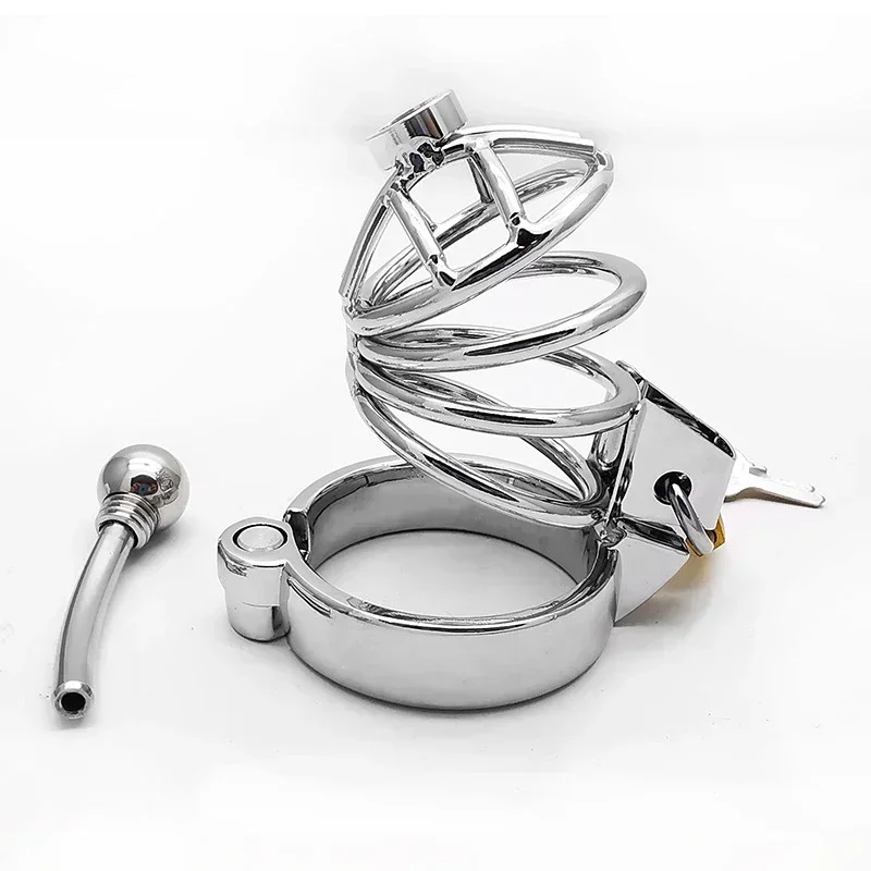 Metal Chastity Cage Sissy 304 Stainless Steel Penis Lock Cock Ring Wiht Urethral Catheter Bondage Chastity Belt Sex Toy for Men