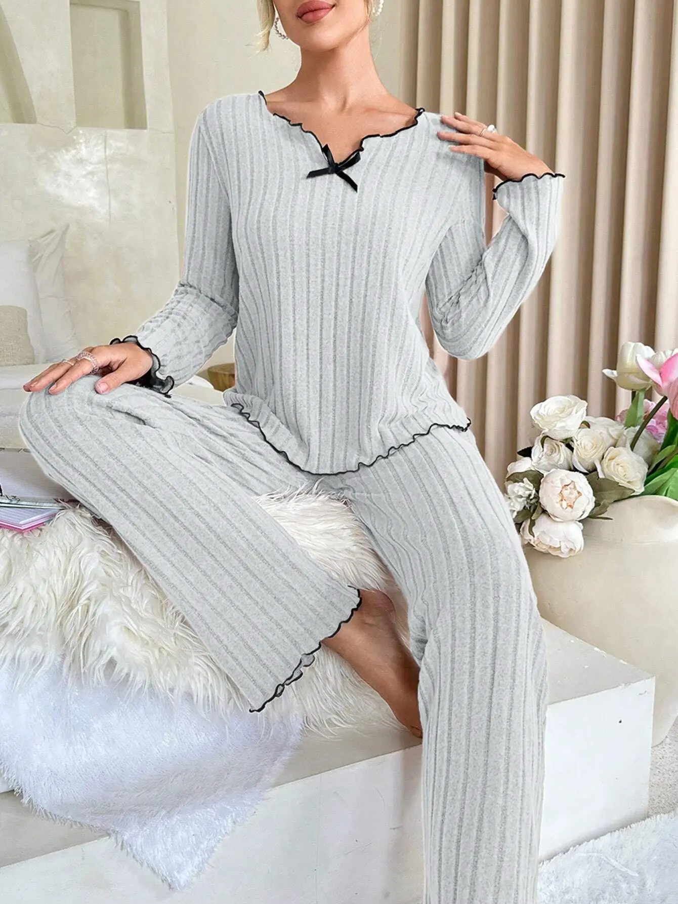 Flannel Warm Sleepwear Women Casual Pajamas Set Long Sleeve T-shirt Top and Trousers Set Homewear Autumn Winter Loungewear 4