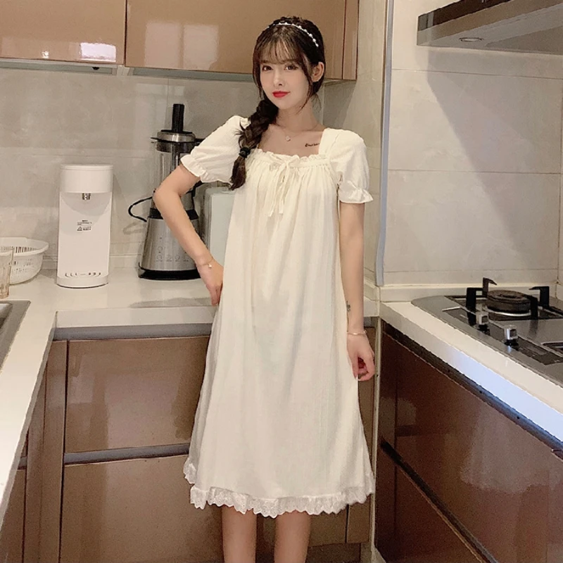 Lace Nightgown Sleepwear Womens Korean Ruffles Night Dress Lace One Piece Pajamas Autumn Long Sleeve Square Collar Home Wear New