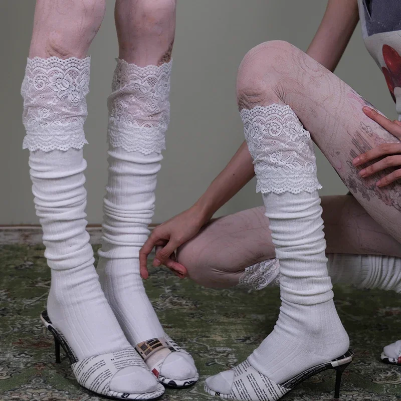 Harajuku Lolita Jk Style Lace Patchwork Cotton Stockings Women Girls Autumn Winter Warm Knitted Thigh High Stockings Boot Socks