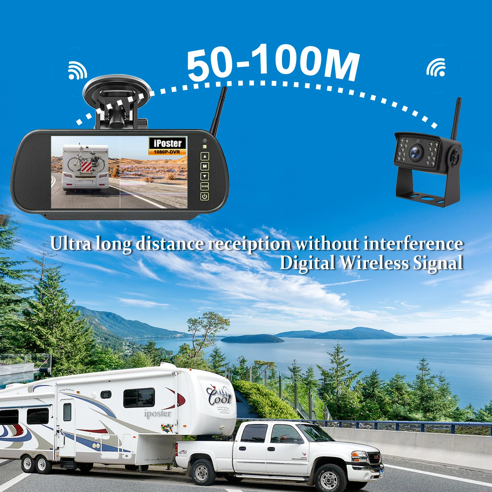 IPoster الرقمية اللاسلكية 7 بوصة شاشة مقسمة DVR مراقب AI المركبات البشرية كشف BSD كاميرات احتياطية لمقطورة Rvs تخييم