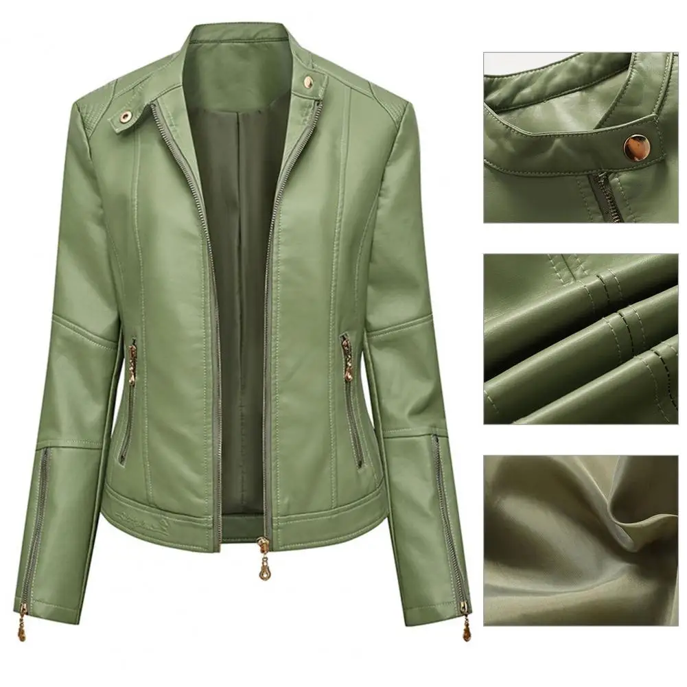 Lady Faux Leather Jacket Solis Color Buttons Decor Long Sleeve Biker Coat Windproof Slim Lady Coat For Motorcycle Riding