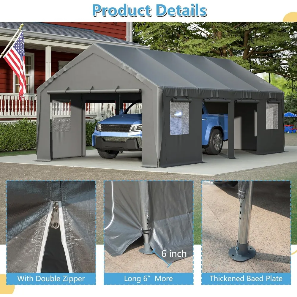 Outdoor Garage 13'x 25' Heavy Duty Car Port Roll-up Sidewall and Ventilated Windows with Removable Sidewalls,Portable