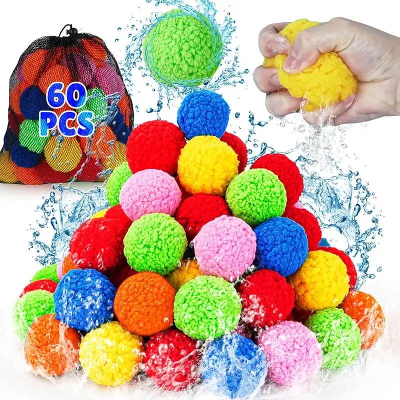 60 Pcs Cotton Water Balls Reusable Water Balloons for Kids Outdoor Games Toy Summer Bombs Play Splash Balls for Pool Beach