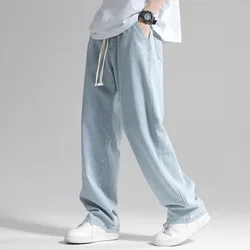 Straight Jeans Men's Elastic Waist Loose Denim Pants Cotton Summer Wide Leg Jeans Mens Summer Clothes Lightweight Baggy Jeans