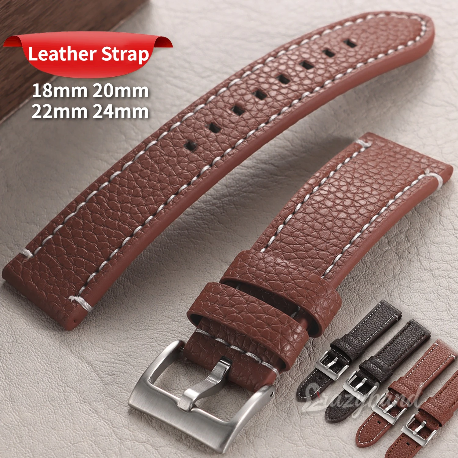 Lychee Pattern Leather Watch Strap - Brown Universal Replacement Band Accessory