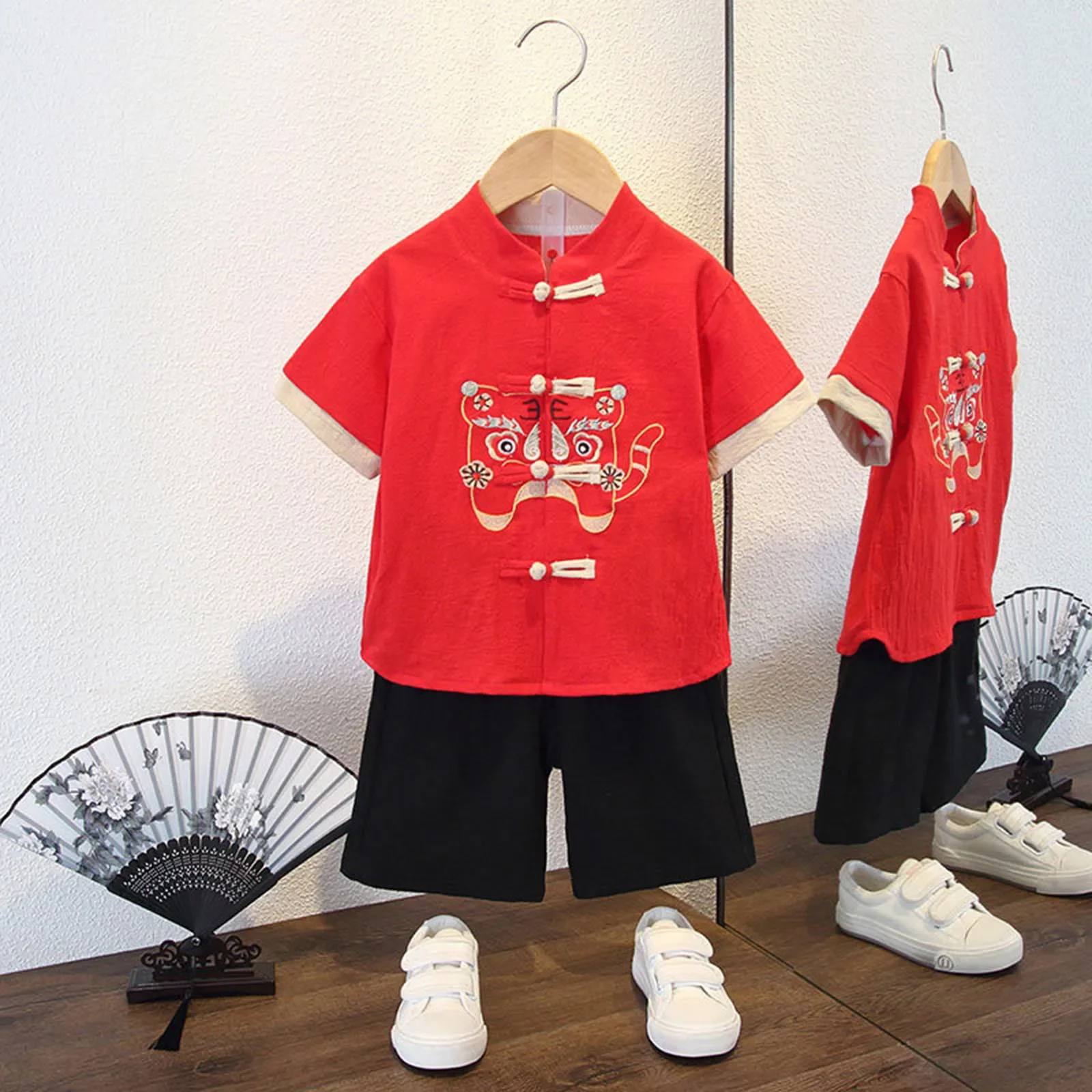 

Children Tang Suit Summer Clothes Sets Short-Sleeved Tops+Shorts Kids Boys Hanfu Embroidery Tops Pants Retro Chinese Clothes