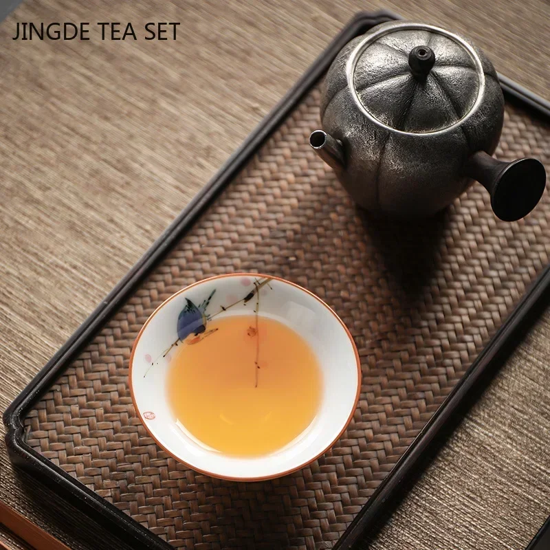 1 Pcs Chinese Ceramic Teacup Hand Painted Flowers and Birds Cup Travel Tea Bowl Household Porcelain Tea Set Master Cup 60ml tea cup