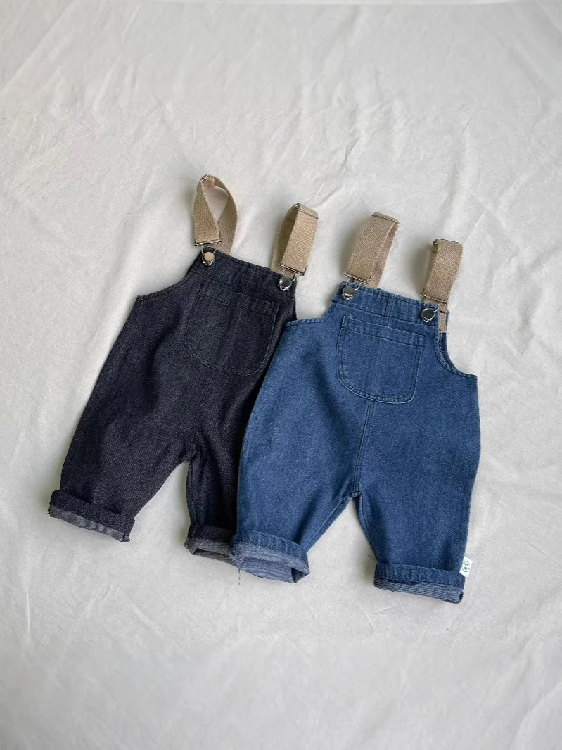 2025 Spring New Baby Fashion Denim Overalls Infant Boy Loose Strap Trousers Girls Solid Versatile Casual Pants Toddler Jeans