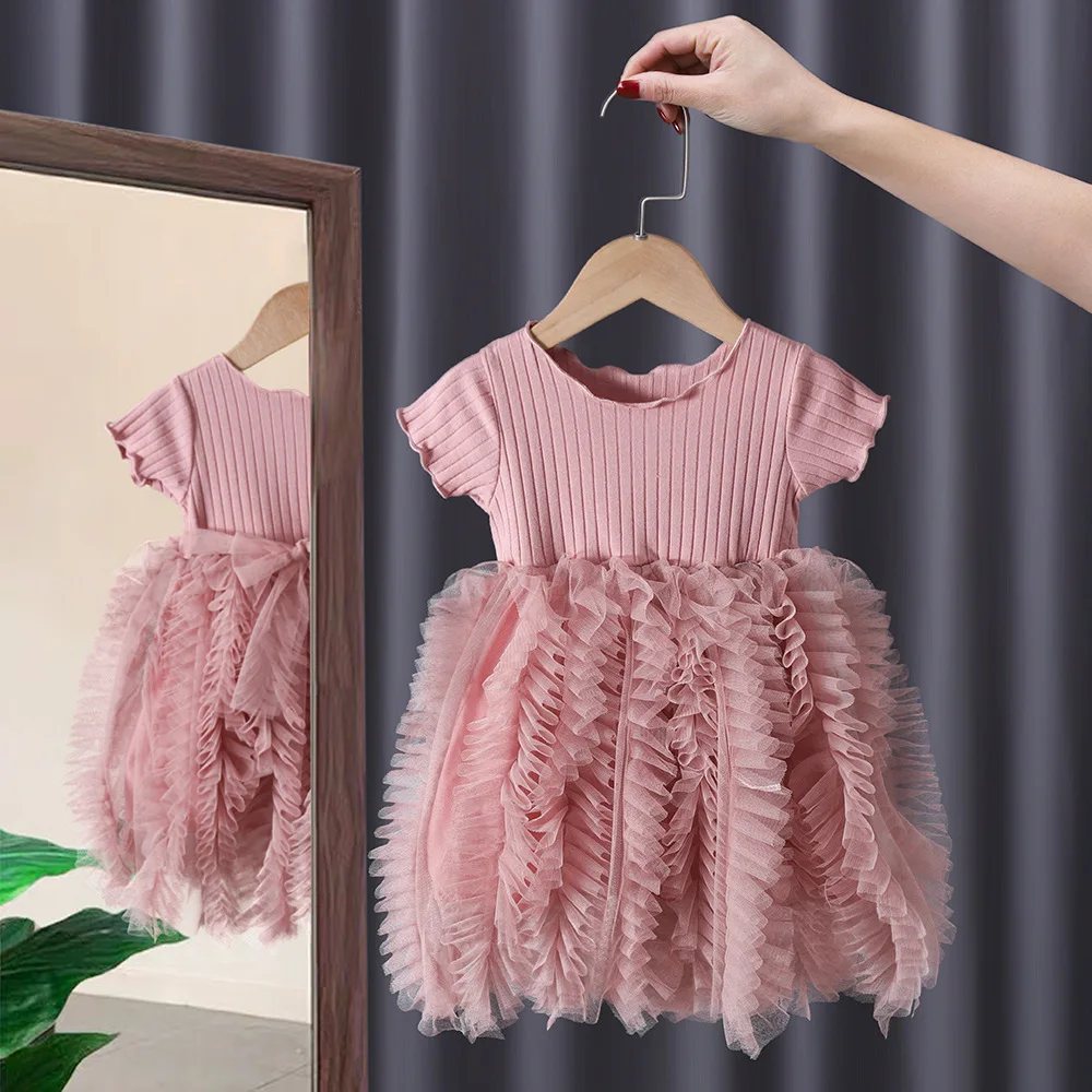 

2023 Summer Style New Arrival Short Sleeve O Neck Ruffles Pink Girls Designer Cute Party Childern Dress Custume 18M-6T
