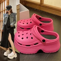 9CM Thick Sole Slippers 2024 Summer Women's Hole Shoes Outdoor Wear High Heels Sandals Fashionable Solid Colors EVA Garden Shoes 1