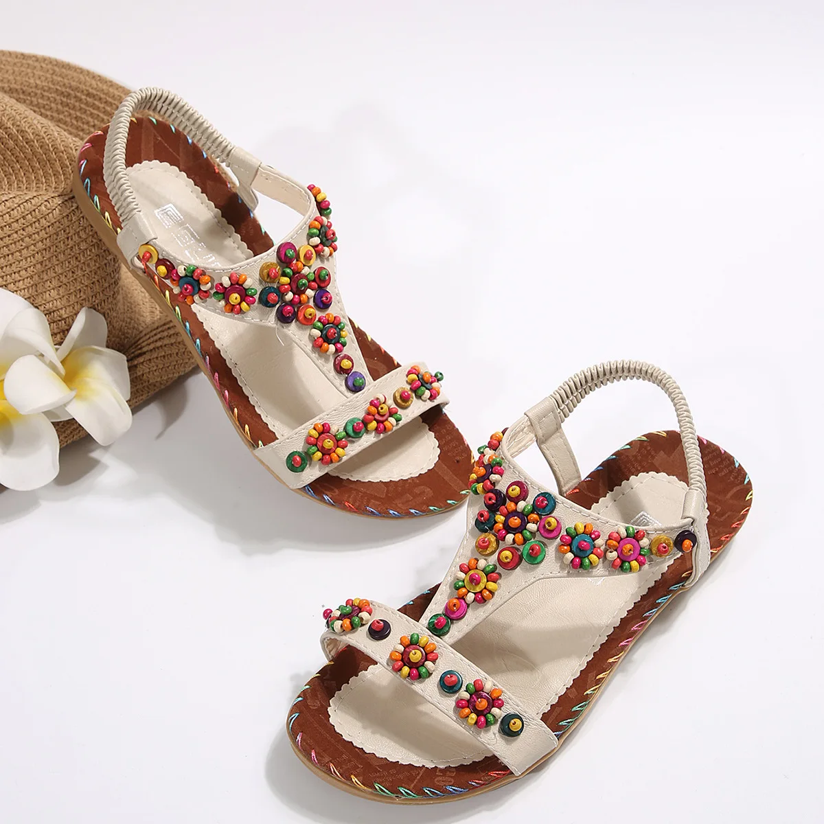 2026 New Summer Casual Sandals Women Bohemian Beach Shoes for Women Beaded T-belt Slip on Ladies Flat Sandals Zapatos Mujer