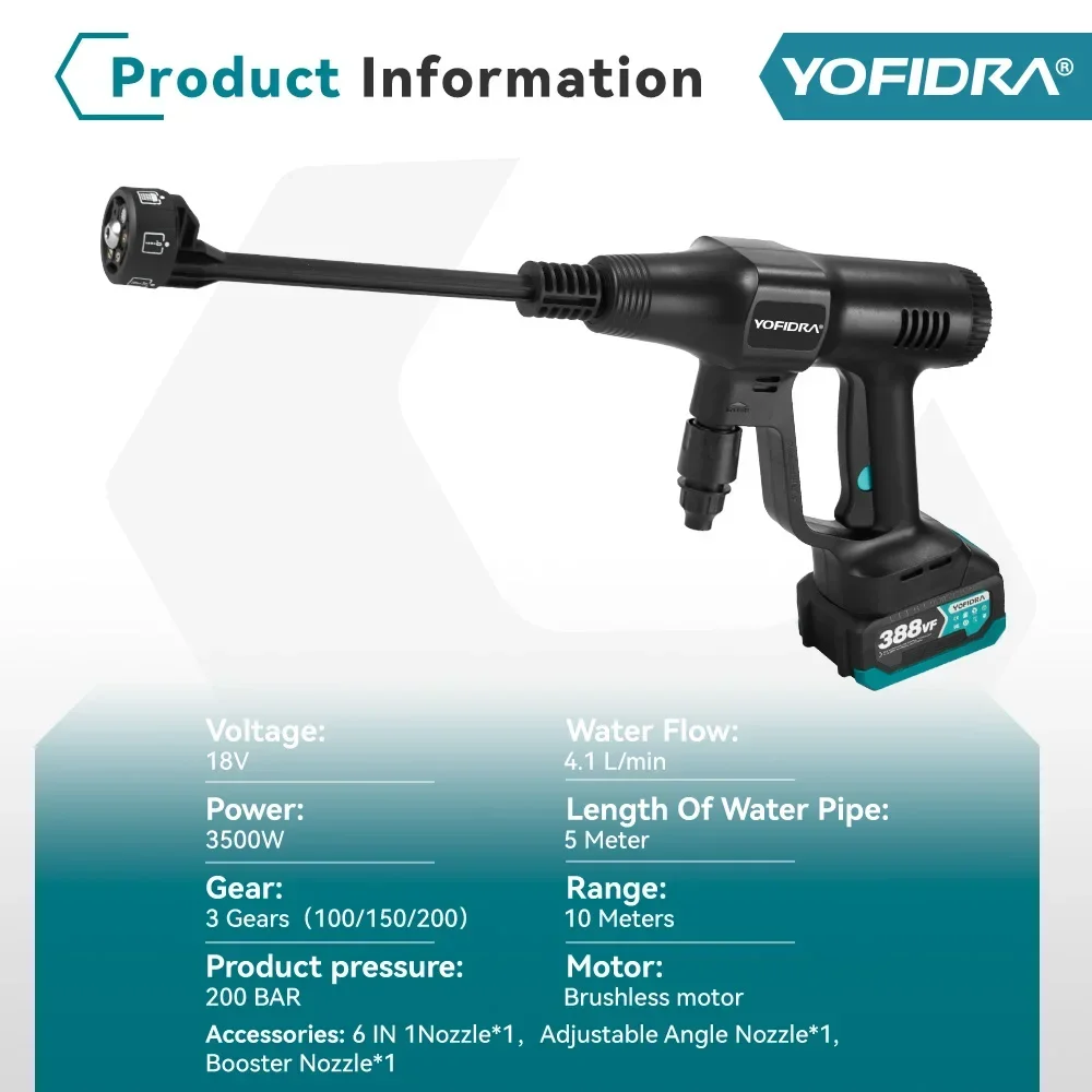 YOFIDRA 200Bar Brushless High Pressure Car Washer Gun 6 IN 1 Electric Garden Washing Water Wash Spray Gun for Makita 18V Battery 4