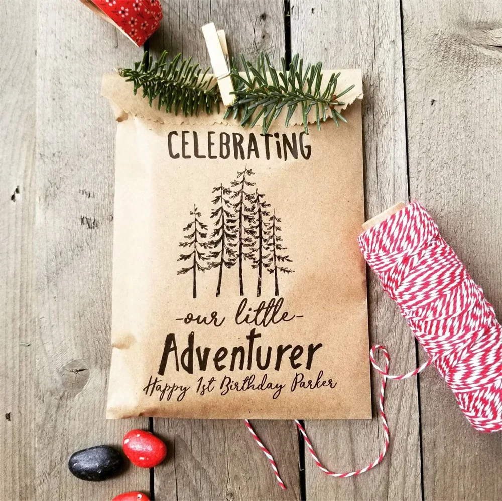 

50 Birthday Favor Candy Bags Personalized - Lumberjack Party - Outdoor Party Favor - Happy Trails - Adventure Party Favor Bags