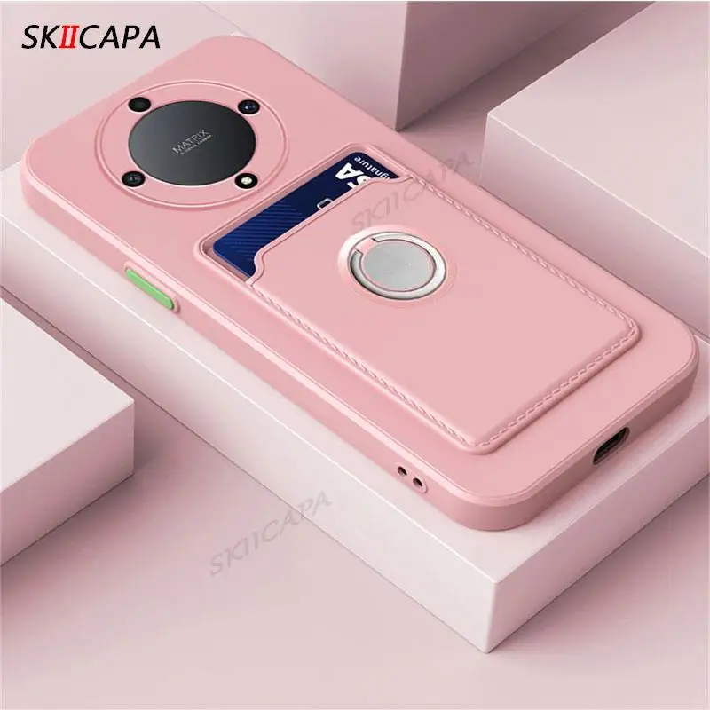 Candy Color Matte Silicone Wallet Case with Ring Holder - Card Slot & Soft Bumper Cover